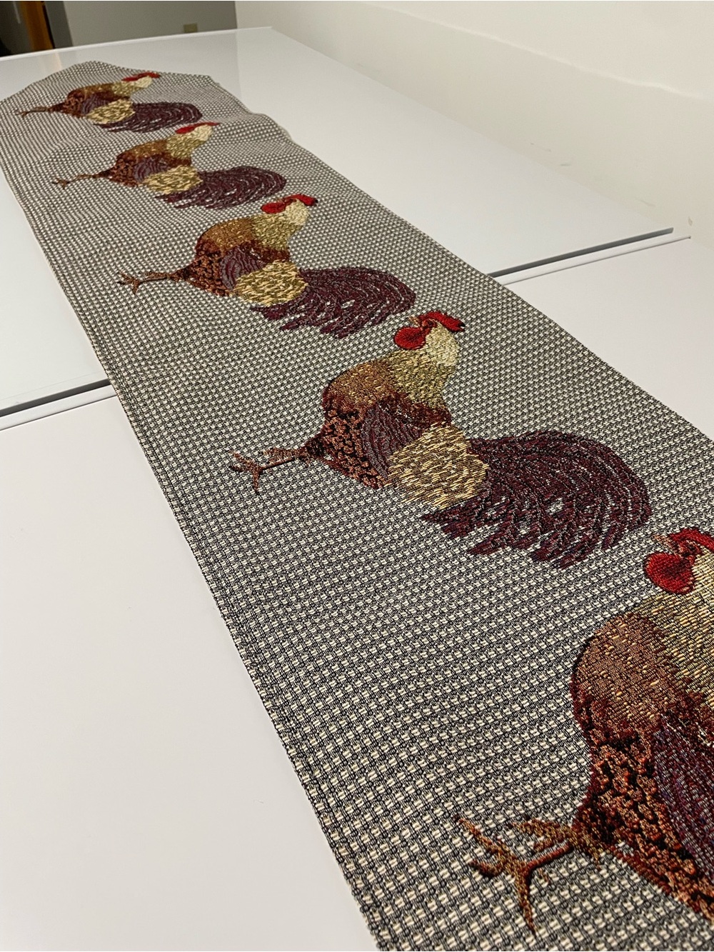 Rooster Embroidered Table Runner - Brown and Red